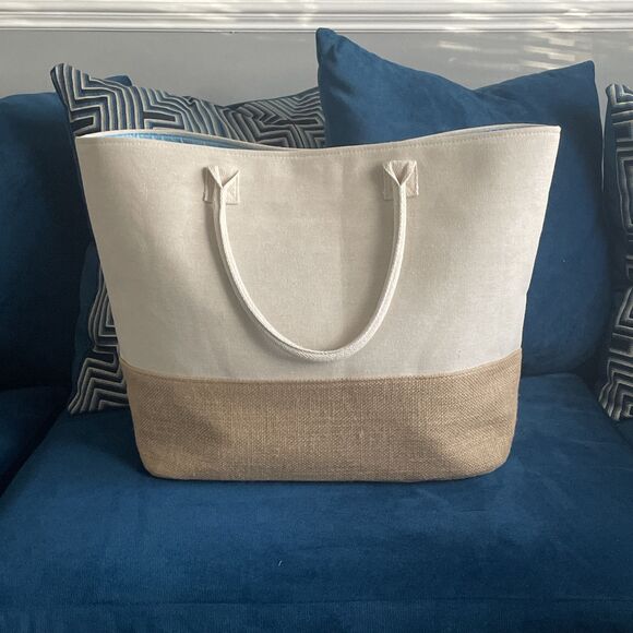 Paradise Women’s Resort Ready Woven Tote Bag Tan Blue Snap Closure Large - Picture 2 of 12